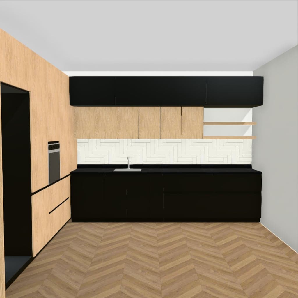 Cocina diseñada en rele: piso en espiga francesa y revestimiento subway